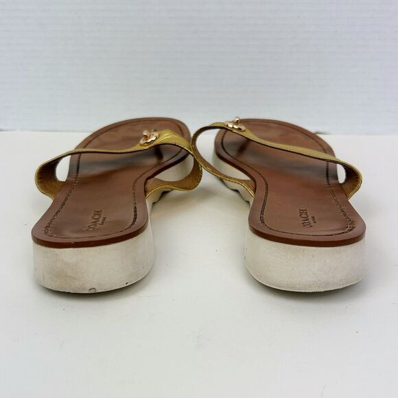 Coach Shelly Metallic Gold Leather Turnlock Flip Flops Thong Sandals Shoes 8.5 - Picture 5 of 10